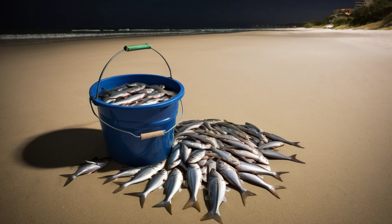a bucket full of fish on a deserted beach at night