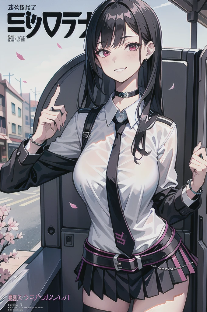 masterpiece, best quality, full body, 1girl, bangs, black choker, black necktie, blonde hair, blue skirt, blush, bracelet, breasts, choker, clothes around waist, collarbone, collared shirt, cowboy shot, dress shirt, ear piercing, eyebrows visible through hair, gradient hair, grin, gyaru, jewelry, kogal, long hair, looking at viewer, loose necktie, necktie, piercing, plaid, plaid skirt, pleated skirt, red eyes, ring, , shirt, skirt, smile, solo, white shirt, street, sky, cherry blossoms, petals,illustration, (magazine:1.3), (cover-style:1.3), fashionable, woman, vibrant, outfit, posing, front, colorful, dynamic, background, elements, confident, expression, holding, statement, accessory, majestic, coiled, around, touch, scene, text, cover, bold, attention-grabbing, title, stylish, font, catchy, headline, larger, striking, modern, trendy, focus, fashion,