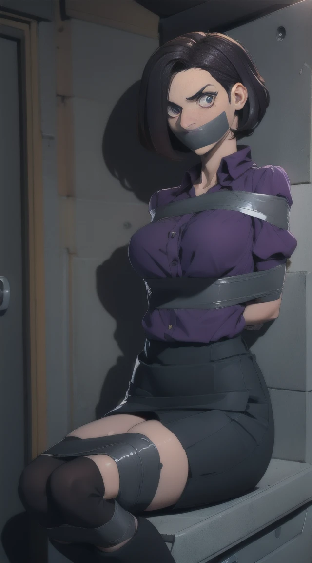 Highest quality, high resolution, looking at viewer, 1 woman with chin length hair, short hair, dark bob cut, thick hair, center part, undercut nape, stacked bob, voluminous hair, in her 30s, purple blouse, knee length, skirt, dark stockings, and calf boots, baggy blouse, wrinkled clothing, photo realistic, video game cut scene, smooth, detailed face, perfect skin, beautiful, Insanely detailed, (taped mouth), tape gag, gag, gagged, mouth taped, arms bound behind back, elbows taped, wrists taped, taped legs, taped arms, knees taped, frightened, pleading eyes, desperate escape attempt, , cinematic, anime, cowboy shot, wide shot, , in vehicle, in car seat, being taken away, driven away, abducted, frightened, pleading eyes, desperate escape attempt, stalker, , true crime, peril, impending, award wining, masterpiece, super detail, detailed  background, anatomically correct, best quality, 16k