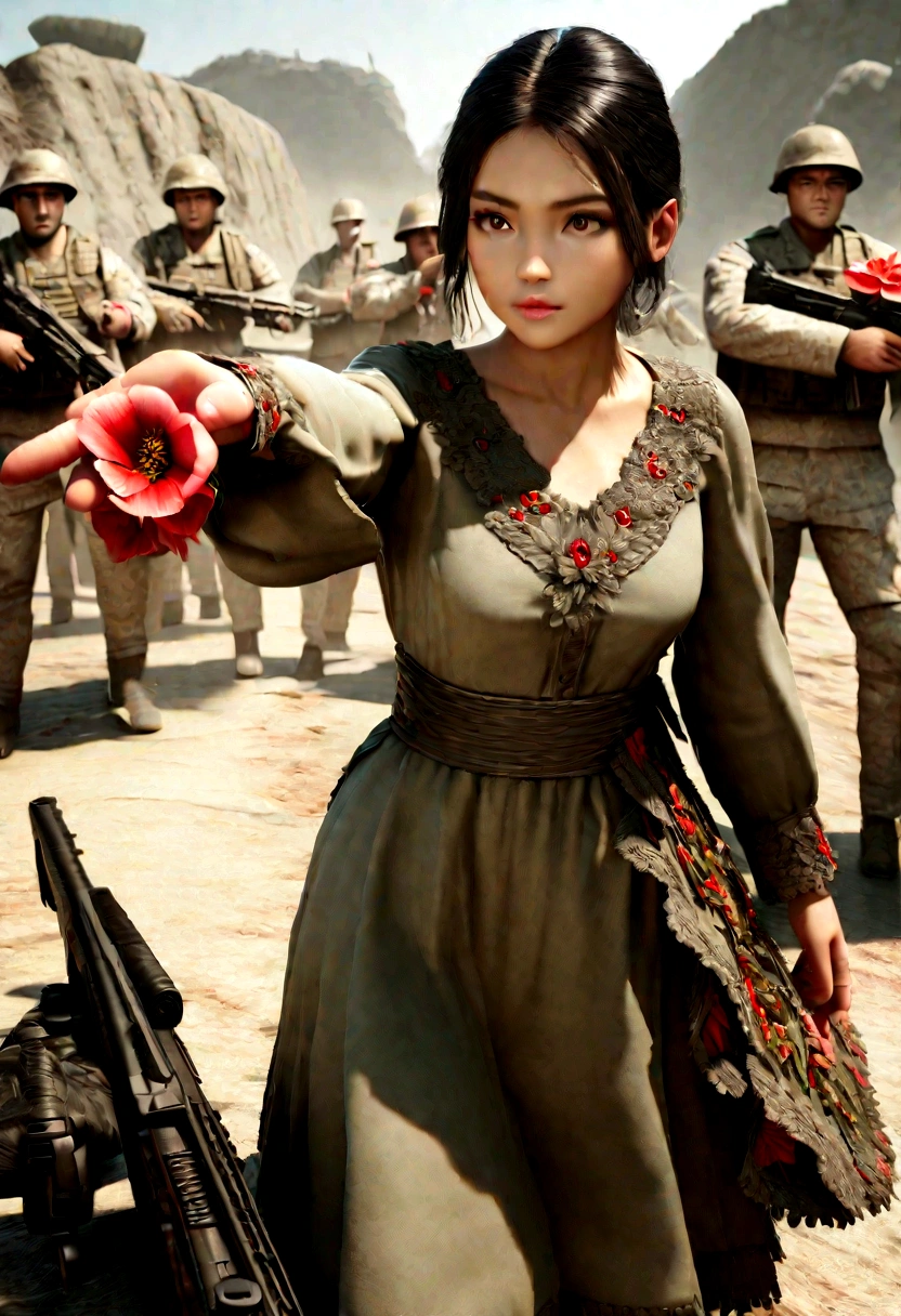 Young girl in dress handing flowers with outstretched hand to a legion of armed soldiers pointing guns at her ,young man facing armed soldier ,War scenario , ultra realistic super HD photo, cinematic, beautiful intricately detailed octane rendering, 3d, 28k 