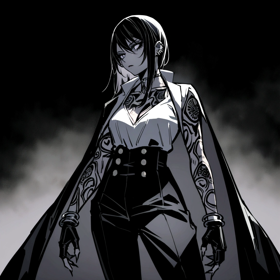 ((A fierce and unyielding female prisoner with side look)), thin and beautifully deathly body, proportional thin body, young but dangerous look, adorned with intricate yakuza tattoos, stands tall in her white top and pants, her piercing gaze daring anyone to challenge her in the dark and foreboding cell, ruthless and implacable, Sharp and dramatic, (bluish dark contrast), HD, ((Dark cell background dramatic scene)), Side look, yakuza anime.