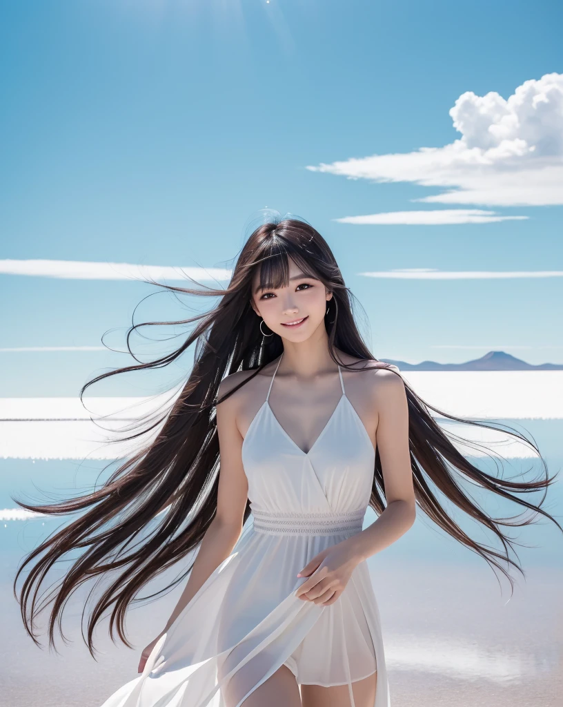 (Highest quality, 32k, High resolution, Masterpiece:1.5), marimo_jet, god々A photograph with brilliant dazzling and healing power., Evoking a sense of calm and elusive beauty, Expressing emotions, Have a rich imagination, Beautiful Japanese Girls, An exceptionally beautiful face, Small Face Beauty, , Perfect Human Anatomy, Magical big eyes, Motherhood and generosity, Deep Love, fleeting smile, Shiny black hair, Super long hair swaying in the wind, Asymmetrical bangs, Hair between the eyes, Transparent, soft white skin, Sharp eyebrows, Thin lashes, ((Natural Makeup:1.3)), White dress, High resolutionの完璧な鎖骨, High resolutionの美しい胸元, Slim figure with ample breasts, High resolutionの美しい太もも, ((Distant Horizon:1.5)), ((Salar de Uyuni stretches to the horizon:1.3)), ((The earth reflects the sky like a mirror:1.3)), Beautiful detailed blue sky, Professional photographer, Professional Lighting, Professional models