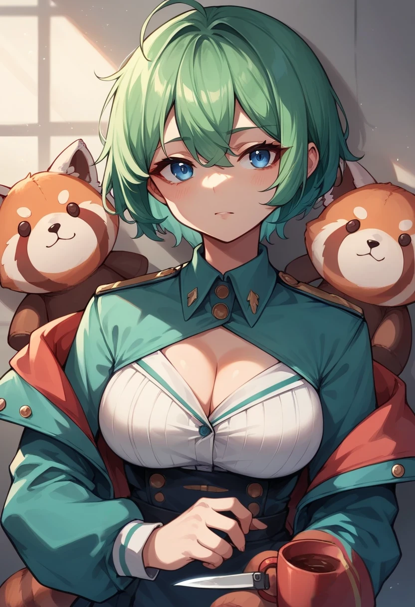 Blue-green hair girl Blue Eyes Short Hair Red panda stuffed toy Second Dimension anime An illustration vtuber C Cup Warrior uniform long sleeve Cleavage Holding a knife