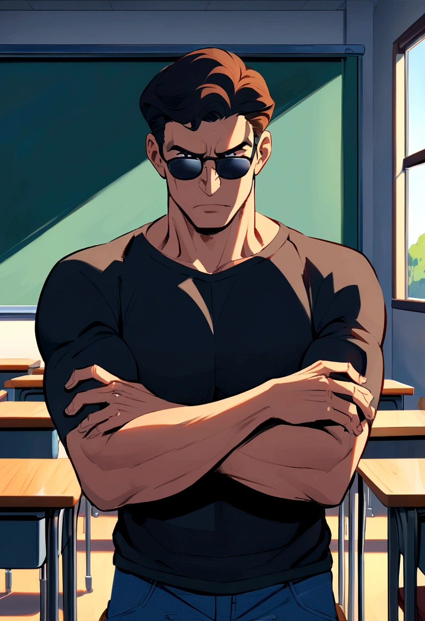Pixar-style: adult man, black black hair, Hugging a woman with long brown hair wearing sunglasses, Jeans and black shirt in a classroom