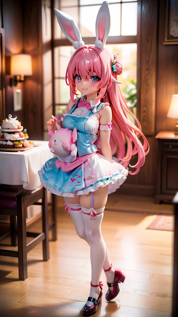 anime style,shota,pink long hair,fluffy bunny ears waitress,
(Reliable blue suspenders for hanging frilly miniskirts),(bare navel and stomach),on bed,smile,
