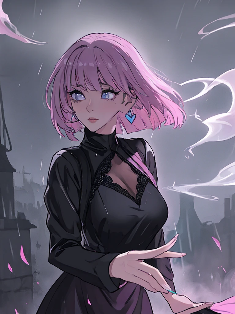 rain,Beauty,High nose,Long eyelashes,目にLight,Pink Lips,Closed Mouth,pastel colour,purple,Dull pink,Dull Blue,heart,Bobcut,Light,Strong winds,Fluttering Hair,Earrings,Smoke a cigarette,bad,cigarette,目にLight,Black Dress,Black lace,Black Hair,Inner color hair