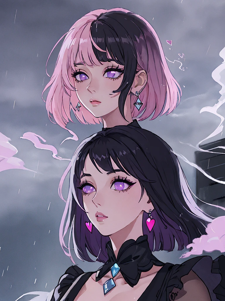 rain,Beauty,High nose,Long eyelashes,目にLight,Pink Lips,Closed Mouth,pastel colour,purple,Dull pink,Dull Blue,heart,Bobcut,Light,Strong winds,Fluttering Hair,Earrings,Smoke a cigarette,bad,cigarette,目にLight,Black Dress,Black lace,Black Hair,Inner color hair