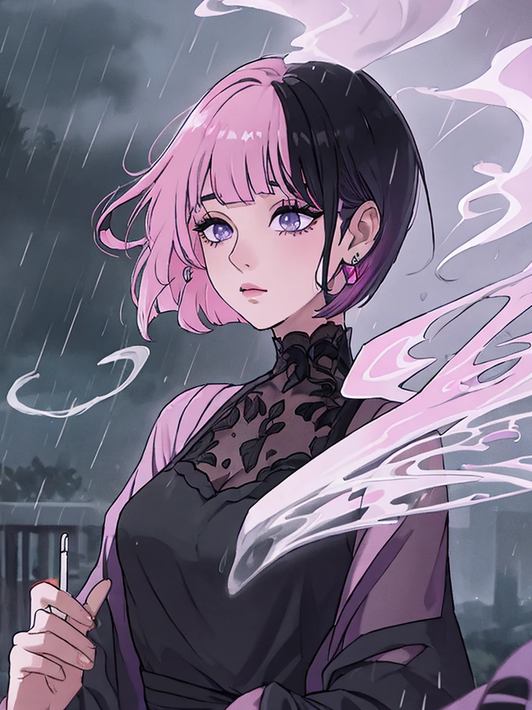rain,Beauty,High nose,Long eyelashes,目にLight,Pink Lips,Closed Mouth,pastel colour,purple,Dull pink,Dull Blue,heart,Bobcut,Light,Strong winds,Fluttering Hair,Earrings,Smoke a cigarette,bad,cigarette,目にLight,Black Dress,Black lace,Black Hair,Inner color hair