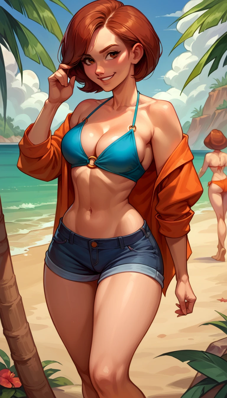 score_9, score_8_up, score_8_up, source_cartoon, 1girl, (Helen Parr, orange-red hair:1.0), cleavage, bikini top, shorts, beach, outdoors, standing, smiling.