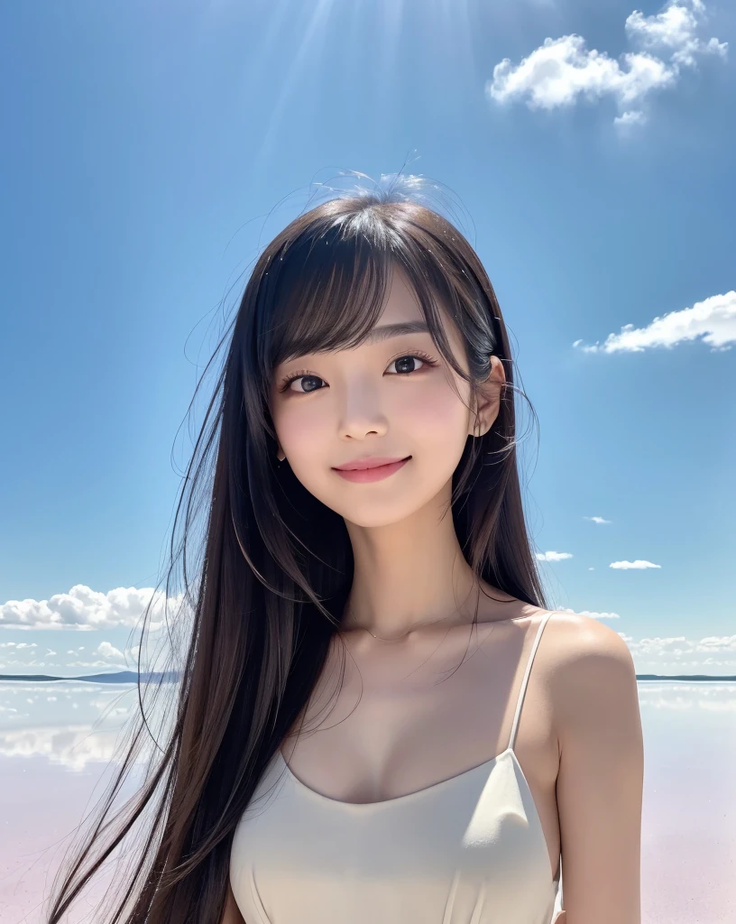 (Highest quality, 32k, High resolution, Masterpiece:1.5), marimo_jet, god々A photograph with brilliant dazzling and healing power., Evoking a sense of calm and elusive beauty, Expressing emotions, Have a rich imagination, Beautiful Japanese Girls, An exceptionally beautiful face, Small Face Beauty, , Perfect Human Anatomy, Magical big eyes, Motherhood and generosity, Deep Love, fleeting smile, Shiny black hair, Super long hair swaying in the wind, Asymmetrical bangs, Hair between the eyes, Transparent, soft white skin, Sharp eyebrows, Thin lashes, ((Natural Makeup:1.3)), White dress, High resolutionの完璧な鎖骨, High resolutionの美しい胸元, Slim figure with ample breasts, High resolutionの美しい太もも, ((Distant Horizon:1.5)), ((Salar de Uyuni stretches to the horizon:1.3)), ((The earth reflects the sky like a mirror:1.3)), Beautiful detailed blue sky, Professional photographer, Professional Lighting, Professional models