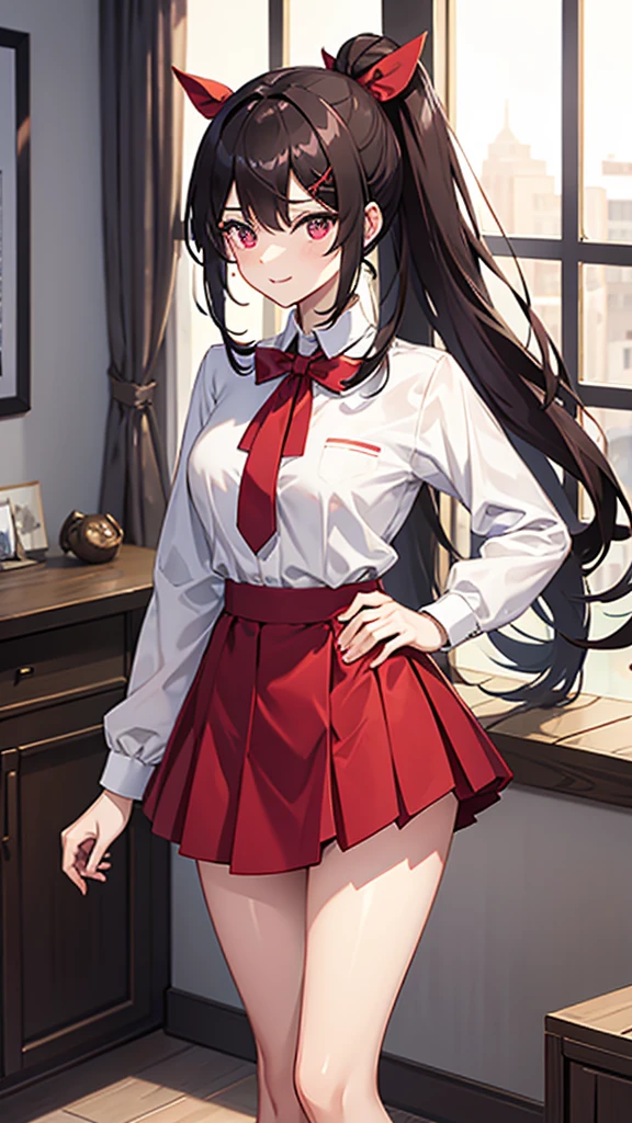 high tail hairstyle, Ponytail hairstyle, Long wavy black hair, standing posing, anime girl style, pixel art anime style,penetrating look with deep eyes,red and purple eyes, hair with a ponytail hairstyle trapped with a big red bun, Women, red hair clips, red x-shaped hair clips, short white shirt, smooth receptionist miniskirt, smiling face blush, standing in his bedroom, next to his bed, lifting her skirt