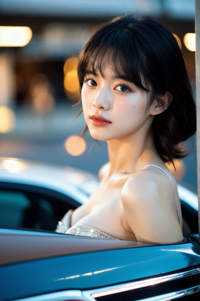 (Cinematic Aesthetic:1.4) Photo of a beautiful korean fashion model bokeh car bikini