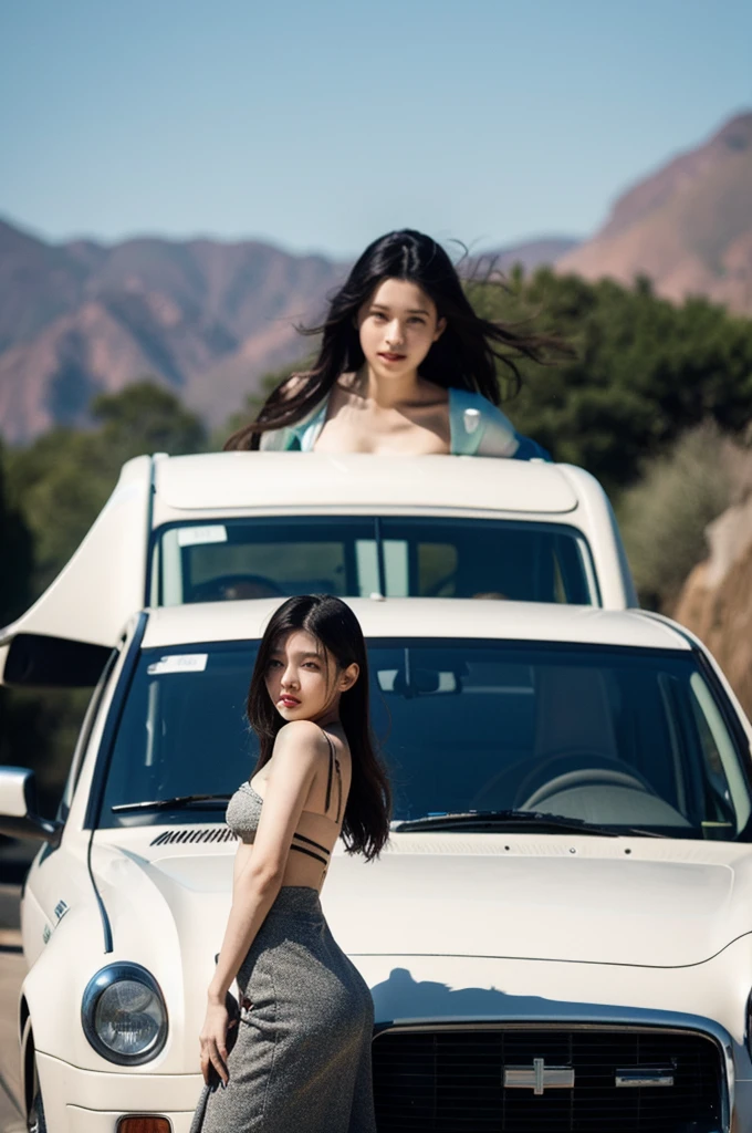 (Cinematic Aesthetic:1.4) Photo of a beautiful korean fashion model bokeh car bikini