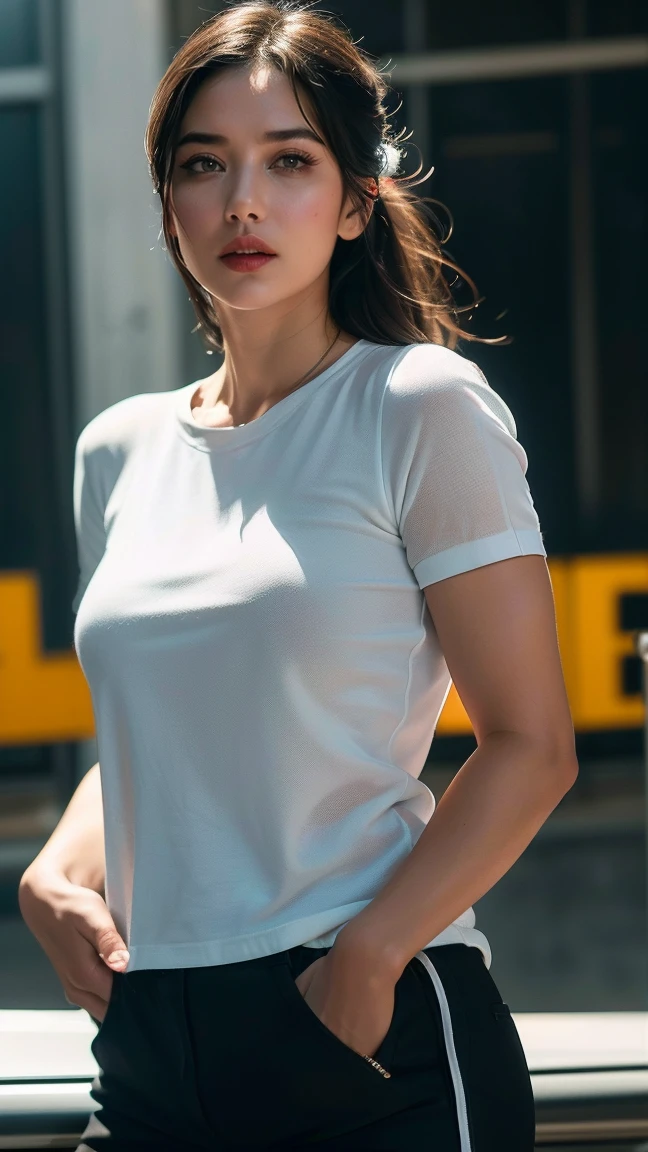 (((ultra realistic))) Photo, boss'artwork, Superior quality, (pale skin), (Visage et yeux ultra detaileds:1.2), sparkling eyes, 1 girl, red bra , dark atmosphere, dark background, (eye makeup, mask) , ((dark wavy hair)) , ((Elegant hairstyle)) , (natural tits), (a slight smile), ((posing)), Sesión de Photos, studio (Contour lighting), (The play of lights and'shadows), depth of field, bokeh, (Special attention to leather details.: 1.2), detailed leather texture, skin pores, ((Dark and ambient gloomy frame.. color palette - black, gray, Cinderella Man, red tones)), ((film grain, VHS effect)), ((good heavens)) , ((high waist portrait, close to the camera)) , ultra detailed,