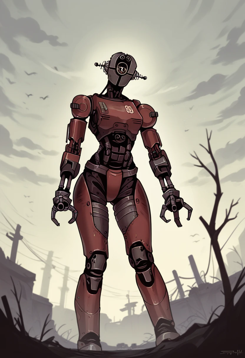 score_9, score_8_up, score_7_up, score_6_up, score_5_up, source_furry, assaultron, fallout, solo, looking at viewer, robot, humanoid robot, robot joints, one-eyed, joints, no humans, dark black skin, mechanical arms, science fiction, post-apocalypse, outside, robotic hand, 3 fingers, dark red armor