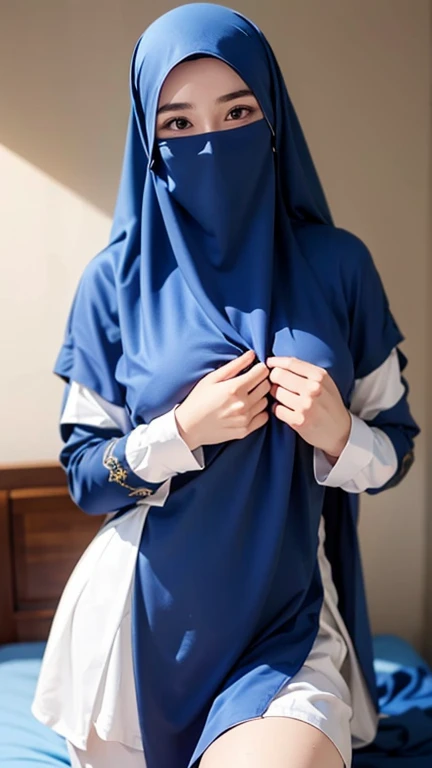  a beautiful young woman hijab, (((super big breast))), (very big naked breast) perfect face, (((very huge big breast,))), ((( Big Breast))) long dress muslim, (((covering mouth, long veil))), thigh legs, naked body, showing pussy, Slim Face、20 years old, stil young, Pretty Lady,  smile eyes, lying in the bedroom, stand up, (big breast covered) , see full image