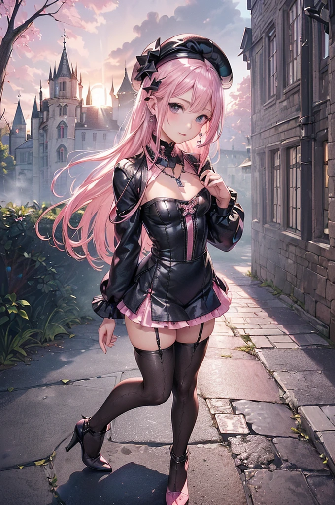 ((Biologically correct limb count))、(( From head to toe、Full-body photo including face))、4K、((Standing position))、masterpiece、((Focus on the face))、((Symmetrical facial features))、Eyes with detailed description、Beautiful woman、Great style、Beautiful arms、Beautiful legs、Beautiful Hands、(Small Ass、Thin thighs)、Facial detailing、Small earrings、necklace、(beret、Red and black leather gothic dress、((High heels、Patterned stockings)))、((Standing in front of an old castle in the setting sun, looking up))、Close-up photo of the upper body、gloves、(((Platinum pink hair)))、(Thick fog)
