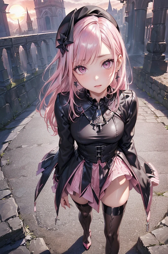 ((Biologically correct limb count))、(( From head to toe、Full-body photo including face))、4K、((Standing position))、masterpiece、((Focus on the face))、((Symmetrical facial features))、Eyes with detailed description、Beautiful woman、Great style、Beautiful arms、Beautiful legs、Beautiful Hands、(Small Ass、Thin thighs)、Facial detailing、Small earrings、necklace、(beret、Red and black leather gothic dress、((High heels、Patterned stockings)))、((Standing in front of an old castle in the setting sun, looking up))、Close-up photo of the upper body、gloves、(((Platinum pink hair)))、(Thick fog)