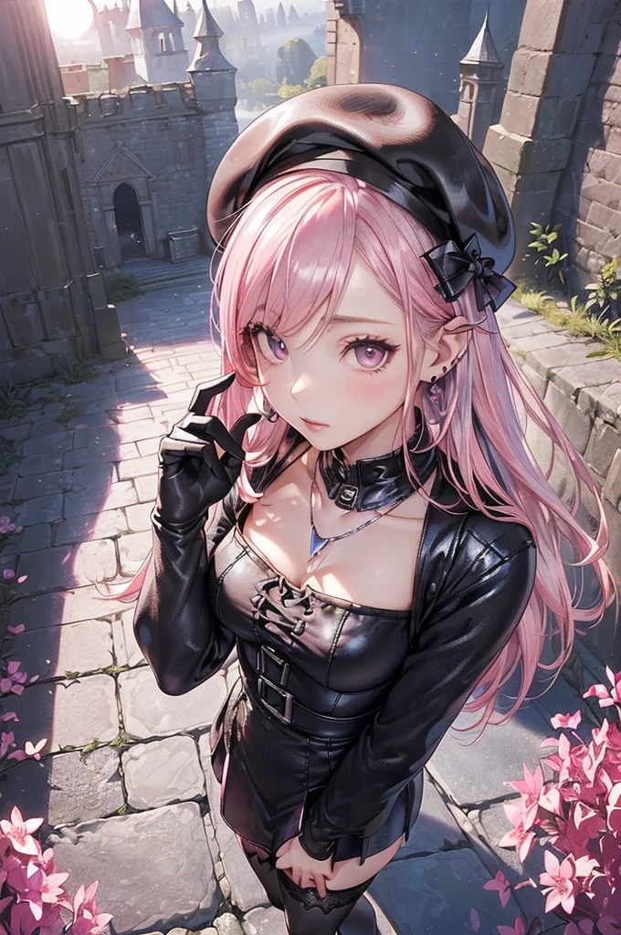 ((Biologically correct limb count))、(( From head to toe、Full-body photo including face))、4K、((Standing position))、masterpiece、((Focus on the face))、((Symmetrical facial features))、Eyes with detailed description、Beautiful woman、Great style、Beautiful arms、Beautiful legs、Beautiful Hands、(Small Ass、Thin thighs)、Facial detailing、Small earrings、necklace、(beret、Red and black leather gothic dress、((High heels、Patterned stockings)))、((Standing in front of an old castle in the setting sun, looking up))、Close-up photo of the upper body、gloves、(((Platinum pink hair)))、(Thick fog)