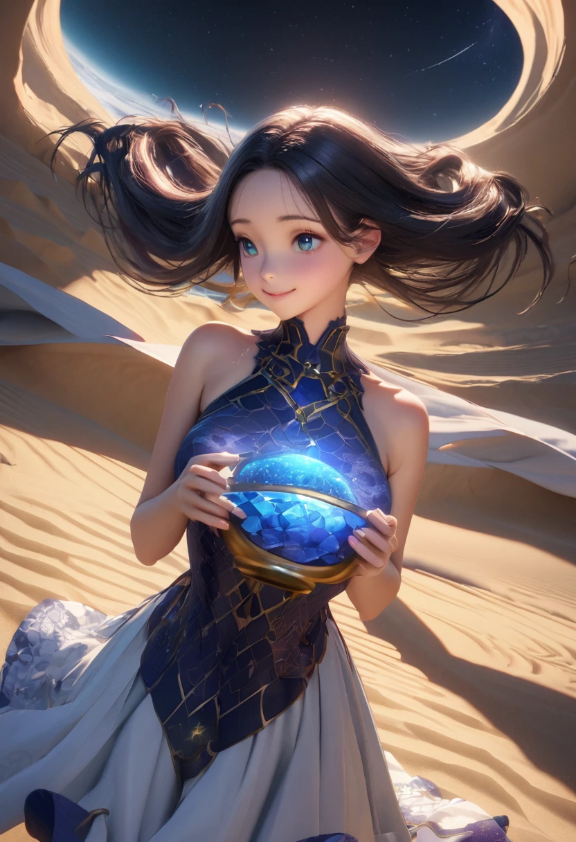 (masterpiece, cute_cartoon_style, octane-render):1.4, magnificent view, far away light,whole surface lake, sand dunes (Tottori:1.3), (sand ripples:0.95), fantastic, gentle breeze, Dazzling Atmosphere, 1 goddess, (detailed large indigo eyes), (holding crystal water pot,put the hands up, perfect hands):1.21, a girl standing on Center of sand dunes, slightly bow and lift skirt, (in Indigo arabesque pattern beige bare_shoulders combination panel dress), dense and delicate clothes, beautiful breasts, wedge sandals, smile, playful, (flinching hair, Detailed black long hair):1.1, beautiful nape, diffused natural skin glow, (subjective perspective),  heavenly stars,  (dim light, light-shadow symmetry, Faintly emerge from the darkness
