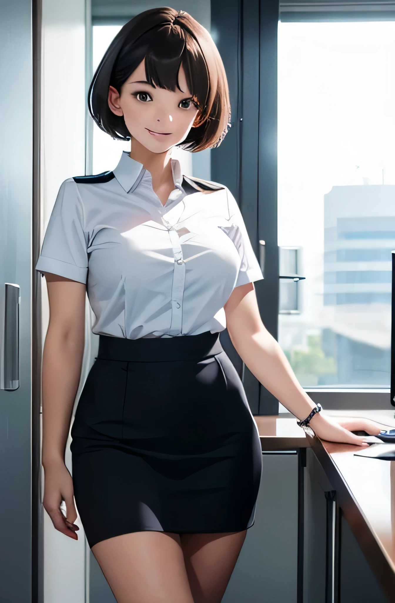 Office lady receptionist girl,summer,short hair,smile,ＯL uniform,8K, Highest quality, masterpiece