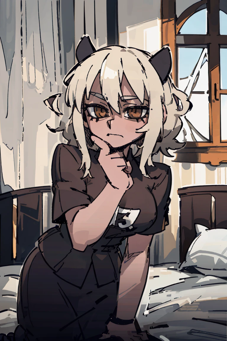 (Top quality、8K、32k、masterpiece、nffsw、Ultra-high resolution、Impressionism、Reality:1.2)、huge 、Cowboy shooting, 细致s face部和眼睛、Short stature、Dog ears、Female breasts are too large、The breasts are very full、Big Ass、(((Brown soft curly hair))),、(((Big brown eyes)))、In the bedroom、kneel on the bed、Pretty Face、16 year old beautiful girl、Radiant Skin、With bangs、Brown eyes、(Katyusha:1.2)、Too loose T-shirt、curve、kneel、Half-open eyes、s face、Love in the eyes