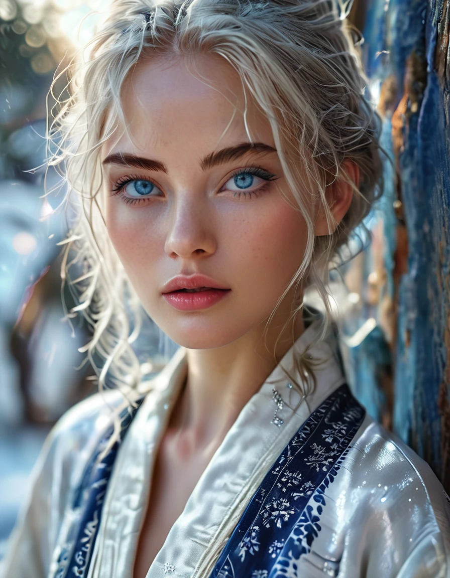 Bombshell beauty, close up of face, young woman, 22 year old woman, young, woman who looks like a model from Paris Fashion Week, silver long hair, blue eyes, beautiful detailed eyes, white skin, perfect face, high resolution, sharp focus, ultra detailed, highly detailed, photorealistic artwork, highly detailed CG unity, 8k, wallpaper, vibrant colors, vibrant themes, exquisite, masterpiece, best quality, artistic photography, photo by sldr, exquisite background) perfectly rendered face, perfect facial details, realistic face, photorealistic, exquisite details, realism, snowstorm, full body, paint toes, wide field of view, background is snowy mountains, full moon night, white kimono, silver eyebrows