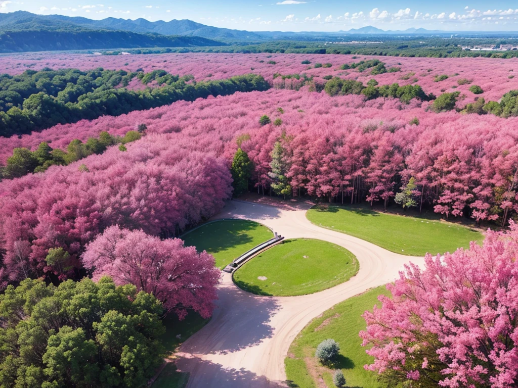 Aerial view,The ground is covered with pink plants,Beautiful colors,Real material,Ultra-detailed scenes,4K,real picture