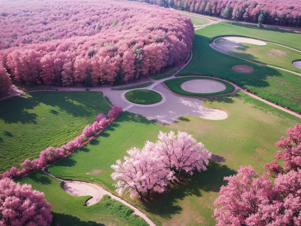Aerial view，The ground is covered with pink plants，Beautiful colors，Real material，Ultra-detailed scenes，4K，real picture