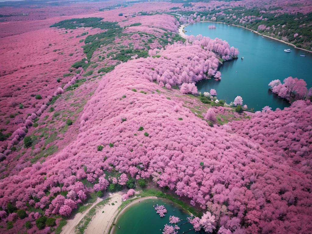Aerial view，The ground is covered with pink plants，Beautiful colors，Real material，Ultra-detailed scenes，4K，real picture