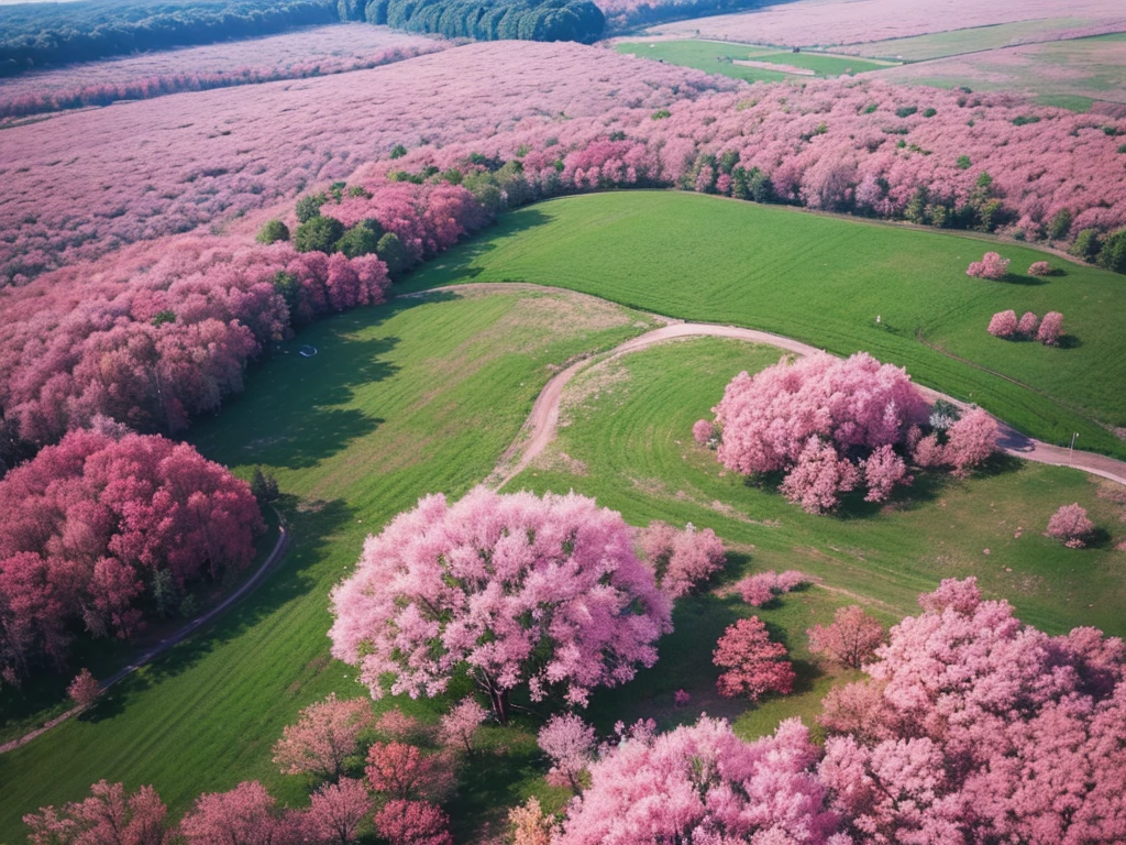 Aerial view，The ground is covered with pink plants，Beautiful colors，Real material，Ultra-detailed scenes，4K，real picture