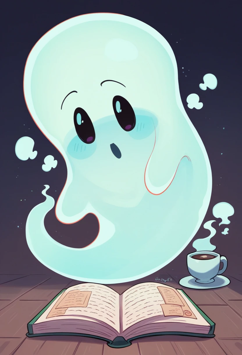 painting of a ghost read a book with a cup of coffee, cute funny ghost, ghostly ghost, ghostly, gloomy, Cute numbers艺术, Cute numbers, ghost, scary ghost, halloween wallpaper with ghosts, read, fuzzy ghost, author:Goro Fujita, Three 0, casper the friendly ghost, author:sung choi, Cute storybook illustrations, floating ghost