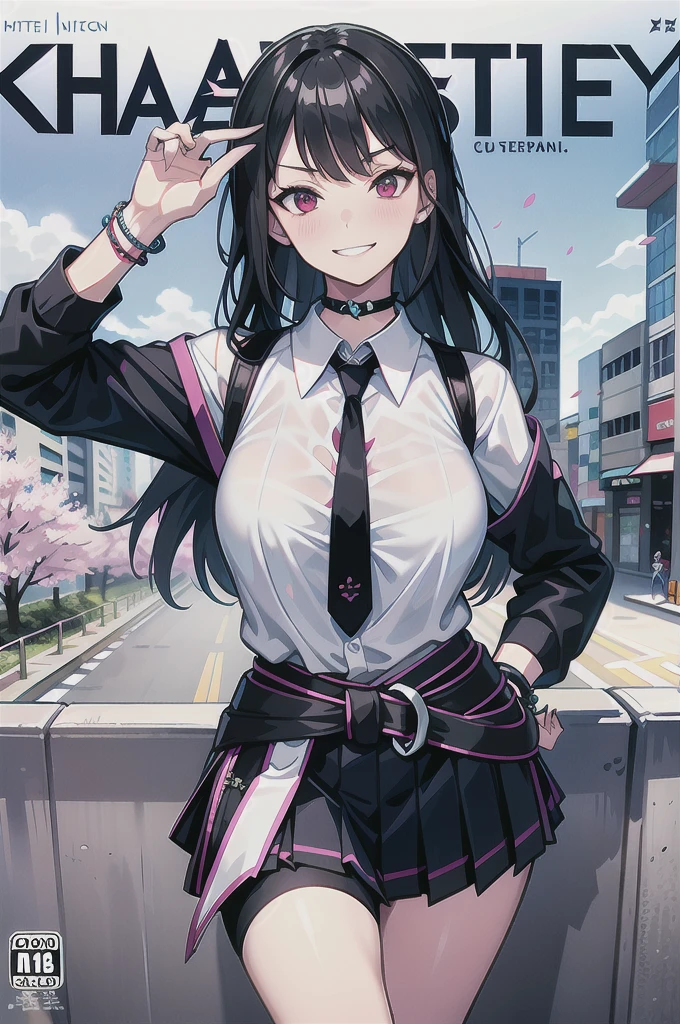 masterpiece, best quality, full body, 1girl, bangs, black choker, black necktie, blonde hair, blue skirt, blush, bracelet, breasts, choker, clothes around waist, collarbone, collared shirt, cowboy shot, dress shirt, ear piercing, eyebrows visible through hair, gradient hair, grin, gyaru, jewelry, kogal, long hair, looking at viewer, loose necktie, necktie, piercing, plaid, plaid skirt, pleated skirt, red eyes, ring, , shirt, skirt, smile, solo, white shirt, street, sky, cherry blossoms, petals,illustration, (magazine:1.3), (cover-style:1.3), fashionable, woman, vibrant, outfit, posing, front, colorful, dynamic, background, elements, confident, expression, holding, statement, accessory, majestic, coiled, around, touch, scene, text, cover, bold, attention-grabbing, title, stylish, font, catchy, headline, larger, striking, modern, trendy, focus, fashion,