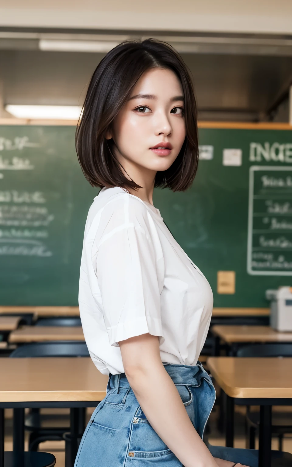 Highly detailed CG Unity 8k wallpaper, Top quality, Very detailed, masterpiece, Practical, photo Practical, Very detailed的可爱女孩, 25 years old, blush,, Round eyes, Medium breasts, Viewers, Half-length photo , Cafeteria , Casual wear , Bob Cut