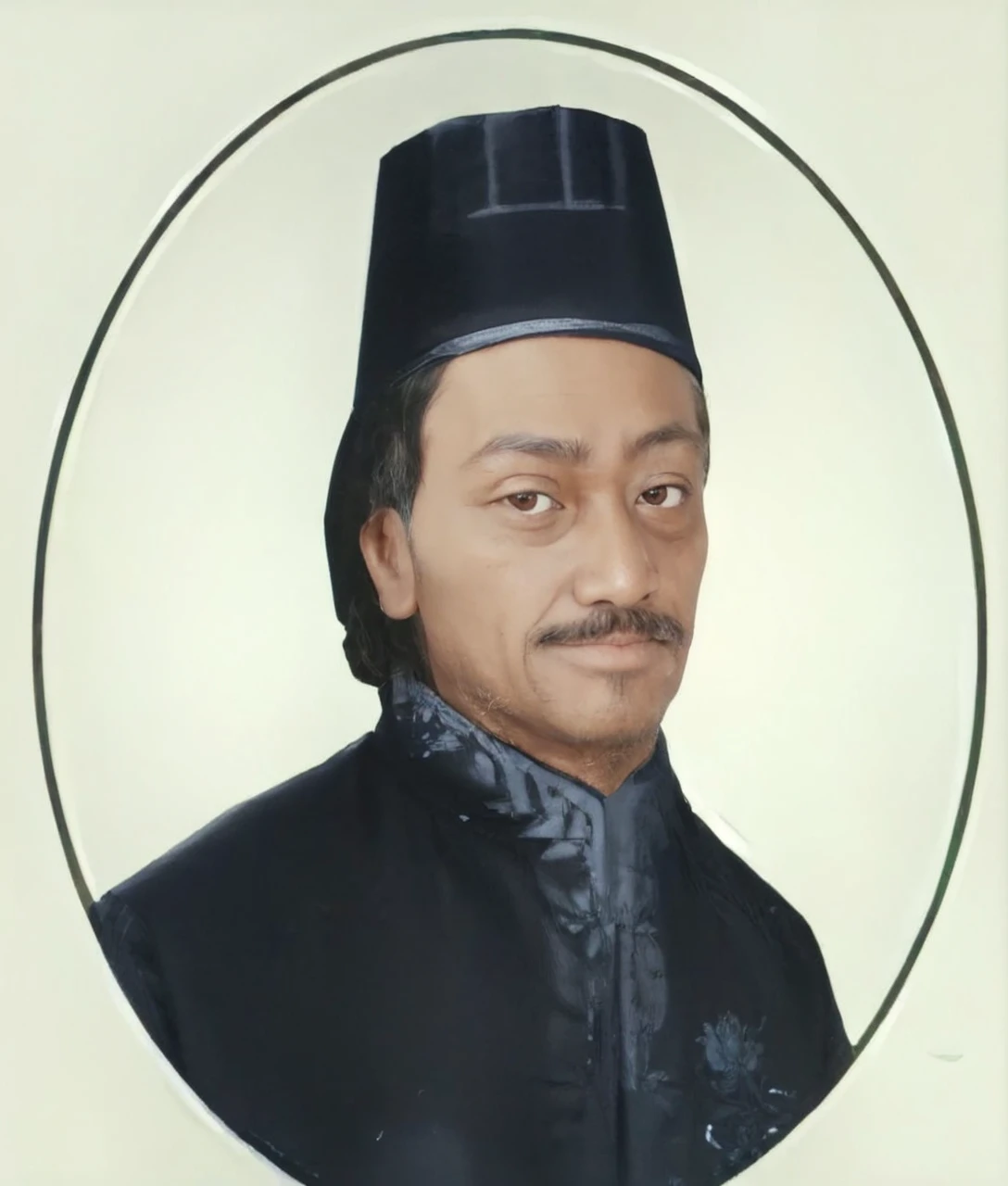 Indonesian Muslim man, aged 40 years or over, wearing clothes with a Javanese king style, slightly wrinkled brown skin, thick mustache, thin upper lip, slightly thick lower lip, clear eyes, side view of the camera, very realistic HD image.