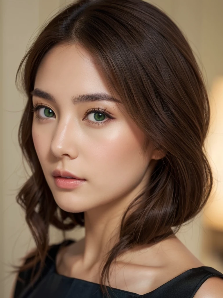 Girl with light brown hair, green eyes, Asian features, black dress and camera