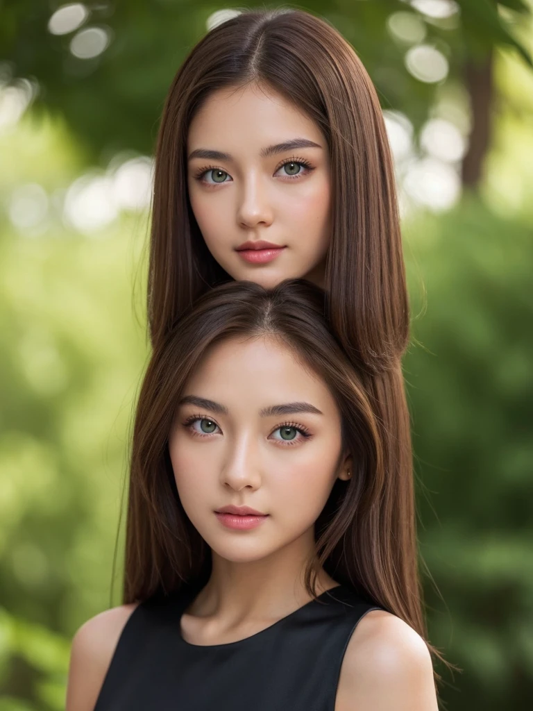 Girl with light brown hair, green eyes, Asian features, black dress and camera 