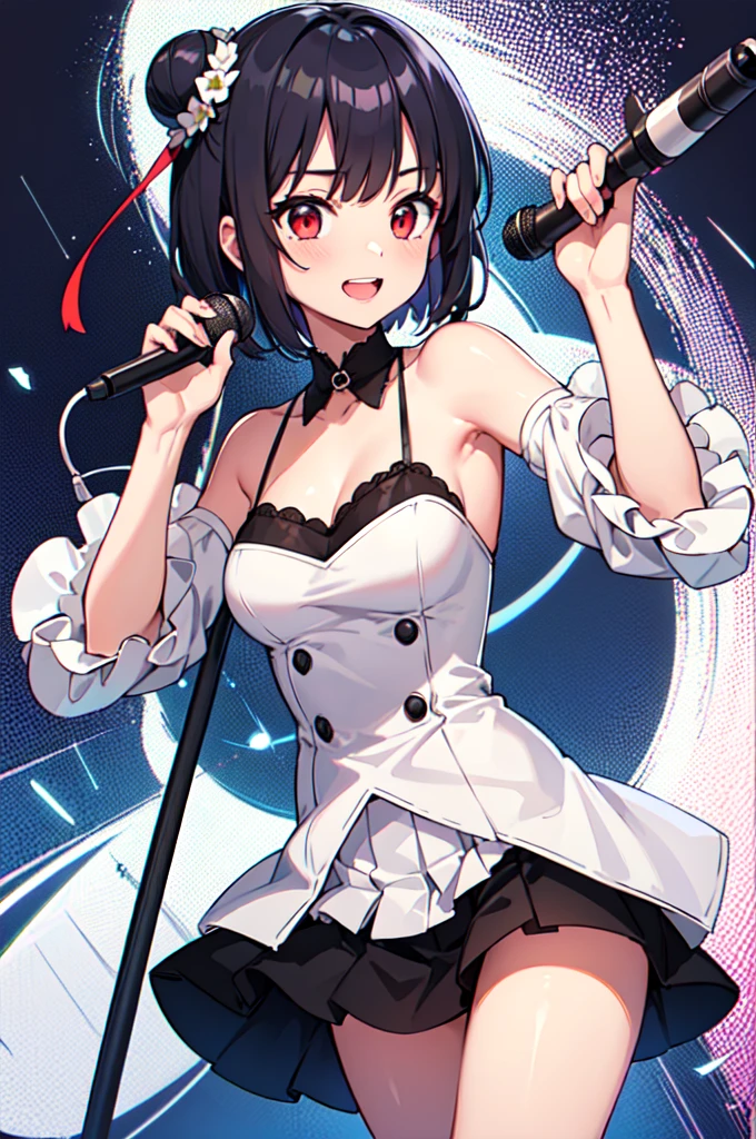 Cute s、is wearing idol costume、Her anime illustration face in soft color palette style、animated gif、Hand-drawn animation、charming sketches、Smooth and shiny background - AR 1:1 - Rainbow 5 - Expressive in style - S 50(Best Quality, masutepiece, Raw photo,Ultra-detailed:1.2),Black hair，Blue Inner Color Bob，Red Eyes，Top image quality，８ｋ，A smile，straight haired， The head is near the center of the screen,frontage,a cute ,from the front side,1 girl in,Wide Angle,Hair is tied in a bun on one side,Short hair,float in the background,a miniskirt，Kamimei，View from above，The upper part of the body, Hold the microphone and sing