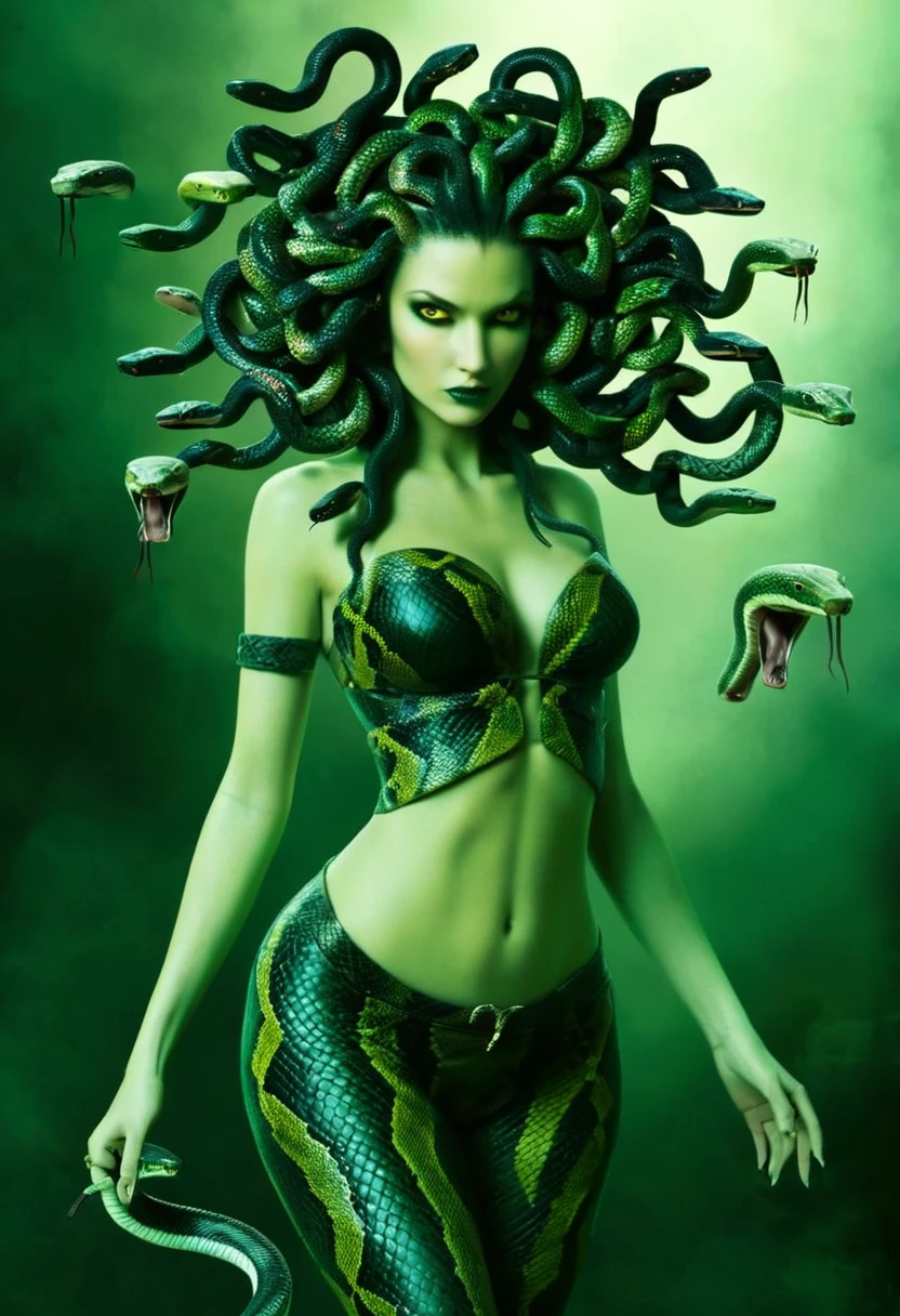 Dark Fantasy Art of Medusa a woman with snake dreads, In Greek mythology, Medusa, also called Gorgo, a human female with living venomous snakes in place of hair, dark, moody, dark fantasy style, full body photo of Medusa, pale skin, hairless, scalp is made of tiny snakes with their own heads, hundreds of tiny snakes growing from her head, big , bra, snake body from waist down, green eyes, holds a sword.