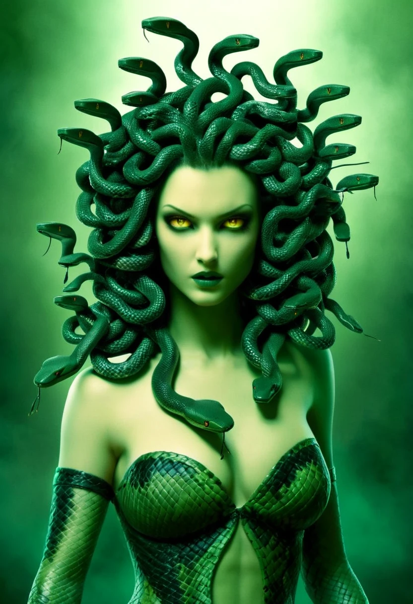 Dark Fantasy Art of  Medusa a woman with snake dreads, In Greek mythology, Medusa, also called Gorgo,  a human female with living venomous snakes in place of hair, dark, moody, dark fantasy style, full body photo of Medusa, pale skin, hairless, scalp is made of tiny snakes with their own heads, hundreds of tiny snakes growing from her head, big , bra, snake body from waist down, green eyes, holds a sword. 