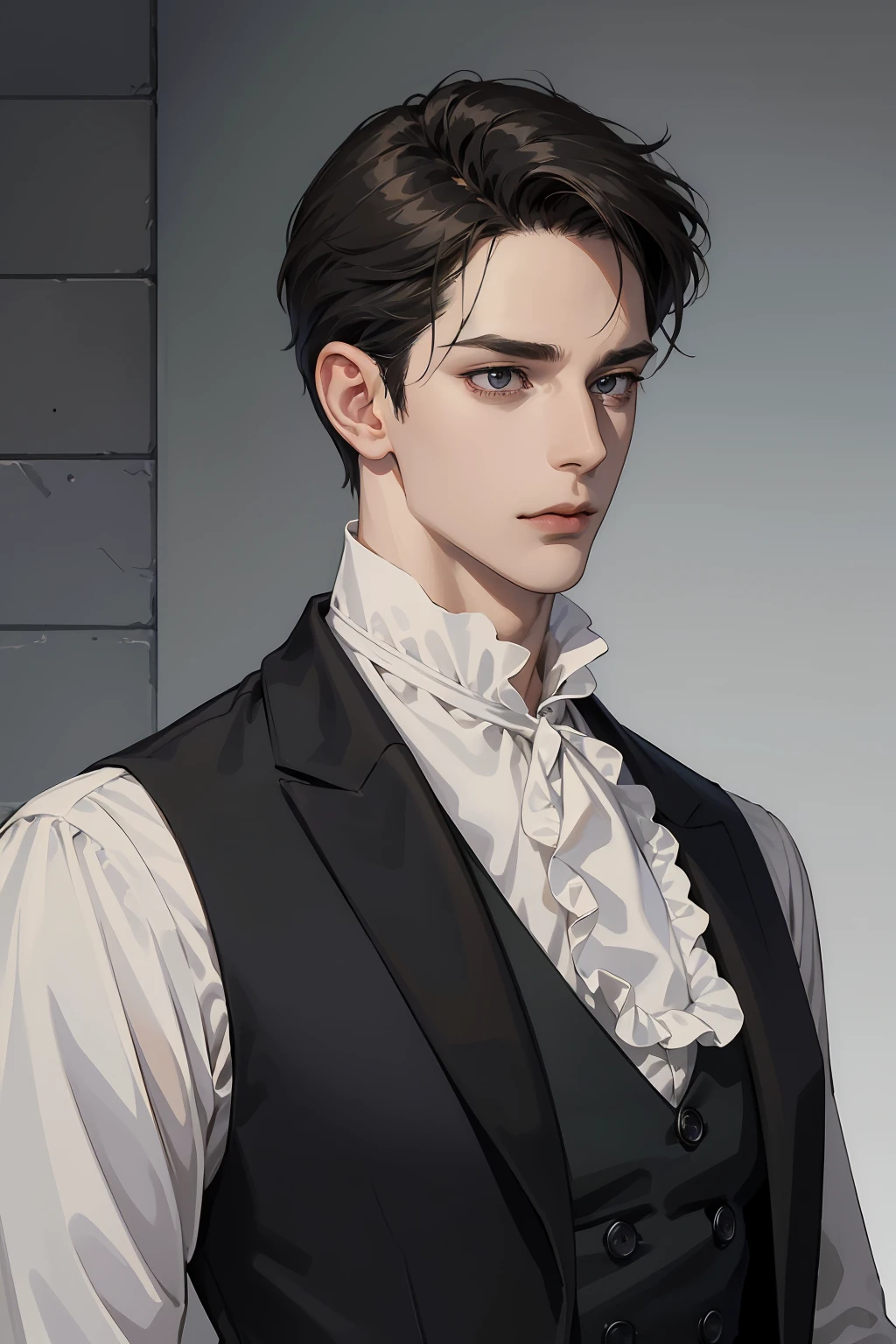 (absurd, ultra-detailed, high quality, masterpiece), 1 man, solo, adult, mature, handsome, tall muscular guy, broad shoulders, elegant pose, upper body, dark short styled hair, hazel eyes, intricate eyes, noble, aloof, anime style, regency era, dark clothing, neat suit, cravat, white shirt, 3 quarter view