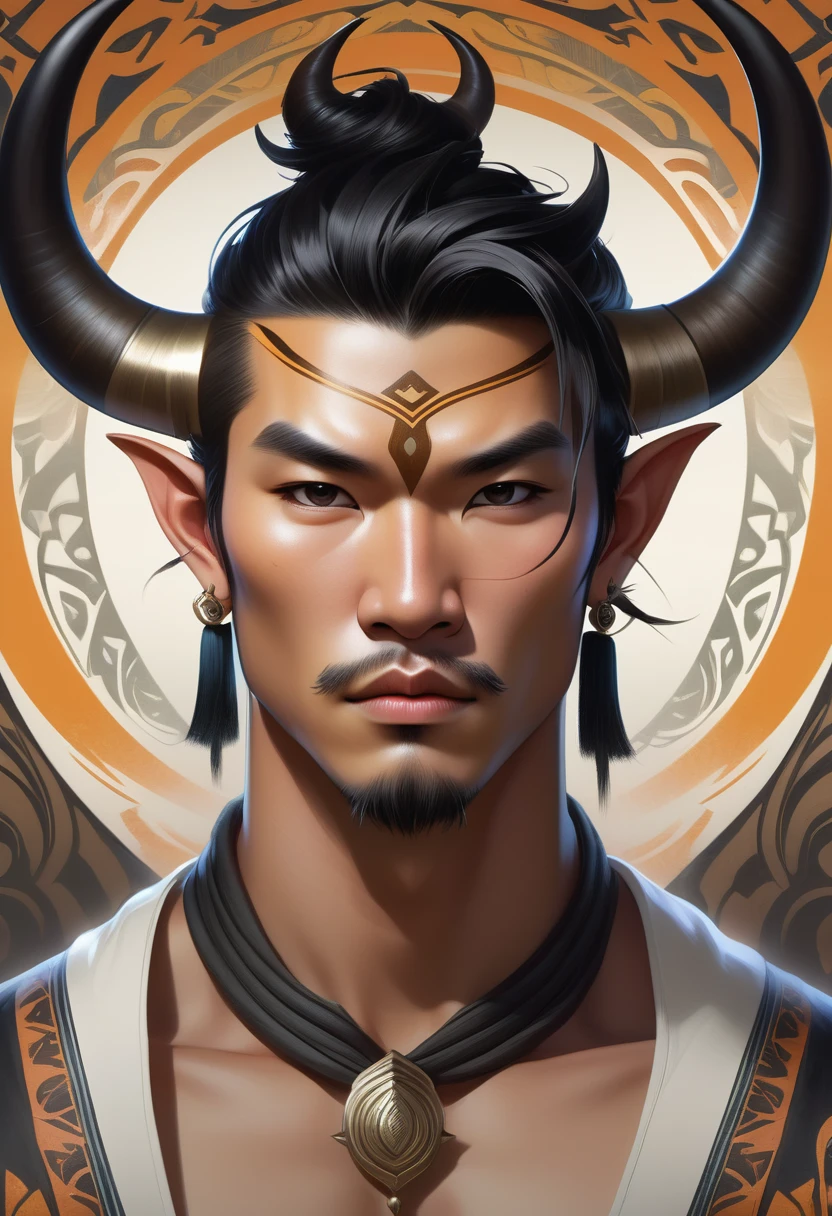 Half man half asian black bull, tribal, Frozen Empire, caramel short hair, hair down, symmetrical facial features, from Bravely Default II, hyper realistic, highly detailed, digital painting, artstation, concept art, sharp focus, illustration, art by artgerm and greg rutkowski and alphonse mucha