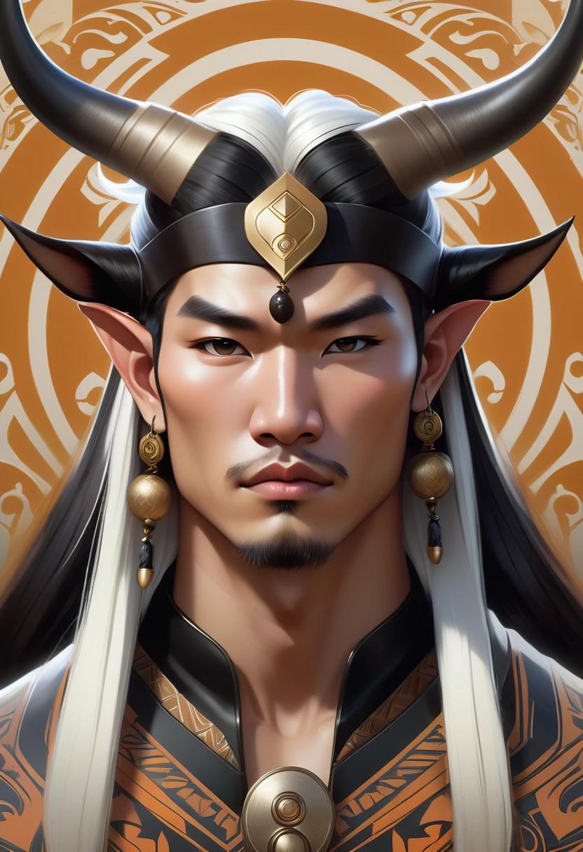 Half man half asian black bull, tribal, Frozen Empire, caramel short hair, hair down, symmetrical facial features, from Bravely Default II, hyper realistic, highly detailed, digital painting, artstation, concept art, sharp focus, illustration, art by artgerm and greg rutkowski and alphonse mucha