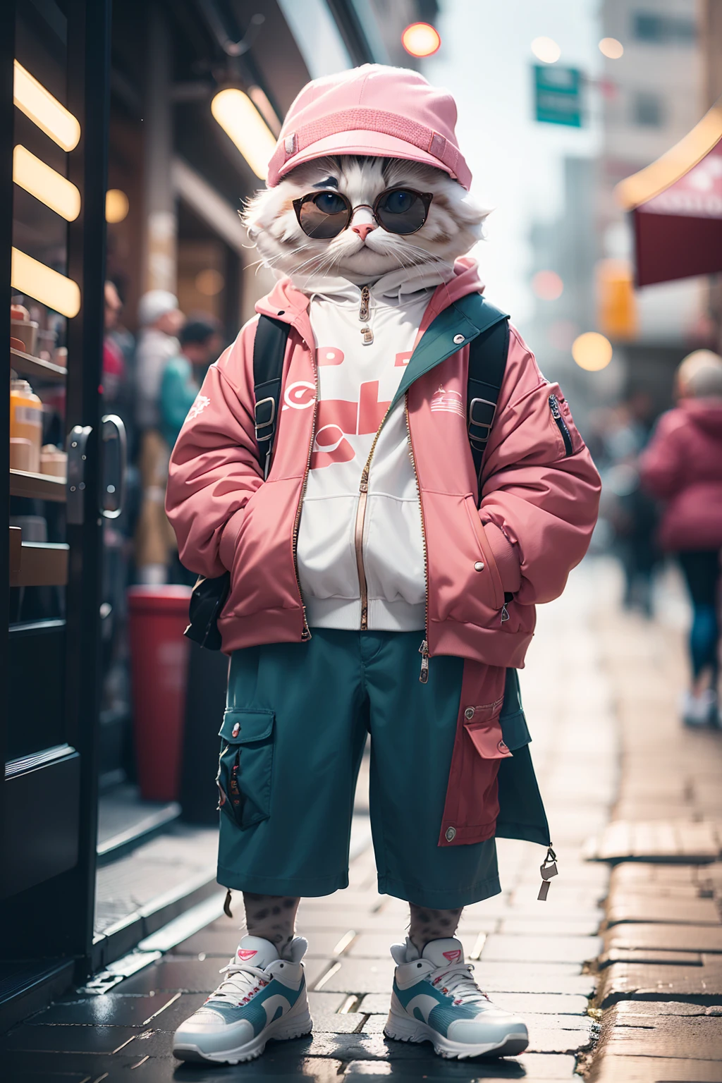 HDR, UHD,8K, highly detailed, realistic, photo-realistic:1.37), best quality, masterpiece, maomi, blurry background, blurry, sunglasses, hat, hands in pockets, coat, standing, shirt, solo, outdoors, shoes, full body, pink headwear, depth of field, open clothes, This is an image of her wearing a fluffy white down coat with the zipper of down coat tightly closed. The white down coat should be y. smiling while looking at the camera. The image should be photorealistic and detailed. The white down coat zipper must be fully zipped. 