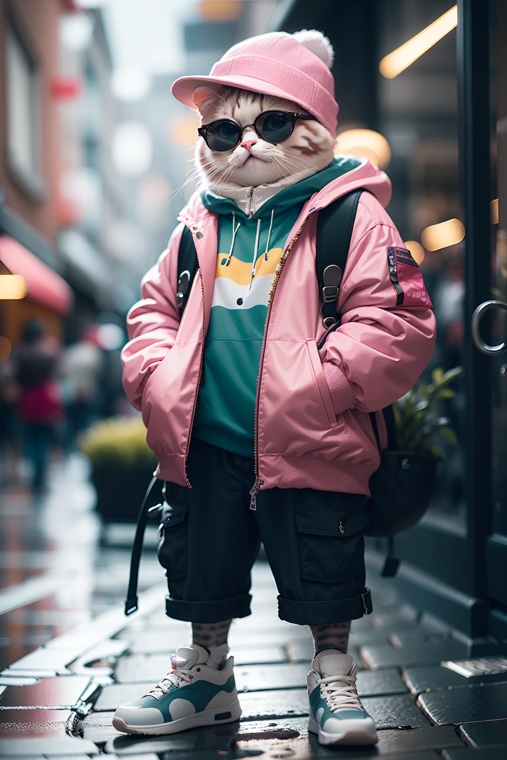 HDR, UHD,8K, highly detailed, realistic, photo-realistic:1.37), best quality, masterpiece, maomi, blurry background, blurry, sunglasses, hat, hands in pockets, coat, standing, shirt, solo, outdoors, shoes, full body, pink headwear, depth of field, open clothes, This is an image of her wearing a fluffy white down coat with the zipper of down coat tightly closed. The white down coat should be puffy. smiling while looking at the camera. The image should be photorealistic and detailed. The white down coat zipper must be fully zipped.