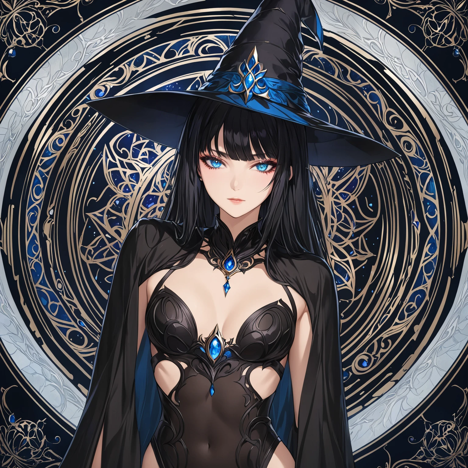masterpiece, best quality, 1woman adult, female focus, solo, black hair, vibrant blue eyes, long hair, looking at viewer, closed mouth, bangs, Fantasy aesthetics, Highly detailed, shadowverse style, black attire, sorceress