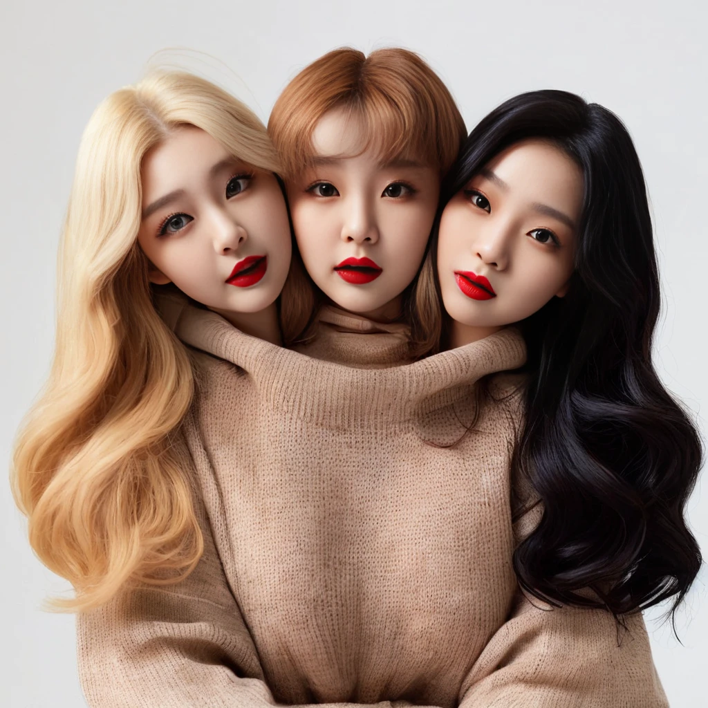 Best resolution, 2heads, korean woman with three heads, red lipstick, sweater turtleneck, different faces