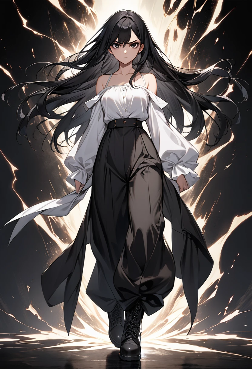 30-year-old anime woman, long black hair, serious, black eyes, wears old-fashioned clothing, black baggy pants, black boots, white blouse with long sleeves and exposed shoulders, powers of darkness, dark background.
