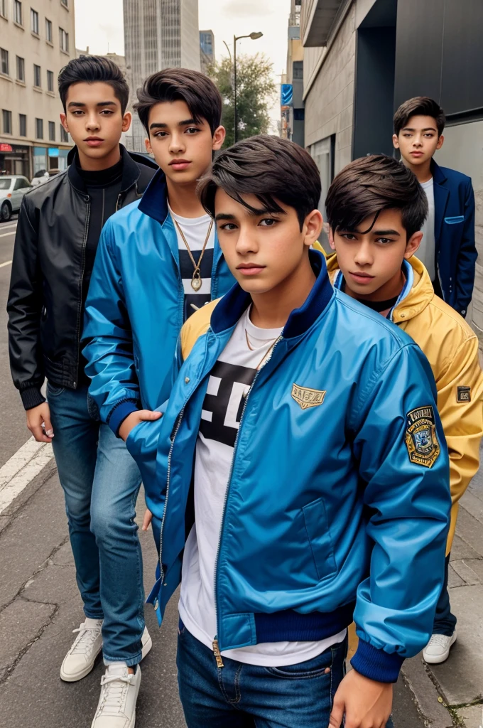 4 teenage boys wearing blue golden jacket