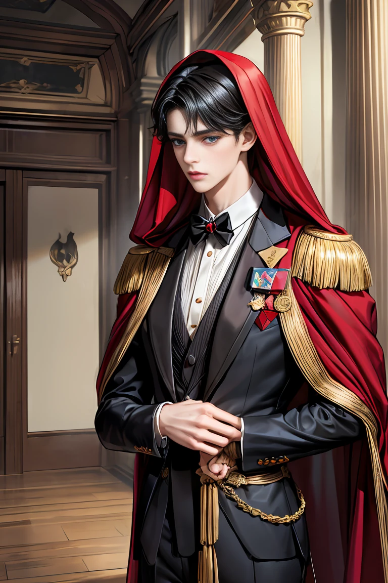 
masterpiece, 最high quality, high quality, 1 boy, alone, Male focus, Watching the audience,  Messy black hair, Adorable big blue eyes, White people, Noble, Noble,Sexy voluminous black and red cape、Tuxedo、A very voluminous, large, very large, very large, long, long red and black cape with a high stand-up collar, reaching down to the floor, made of a lot of fabric., ,Cute beautiful boys,Cute, cute, kind, handsome guy